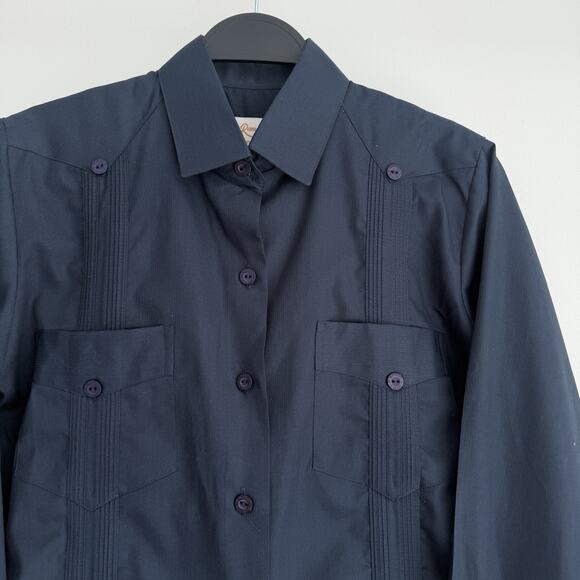 Ramon Puig Guayabera Shirt Mens Medium Navy Blue Cotton 4 Pocket Long Sleeve - Picture 2 of 9